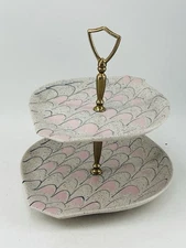 VTG Caltempo Pottery Fish Fin Tidbit Tray Dish Two Tier Pink Gray Speckled MCM