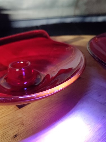 Vintage Viking Glass Pair Of Candle Holders Ruby Red Epic Line Glows - Picture 8 of 8