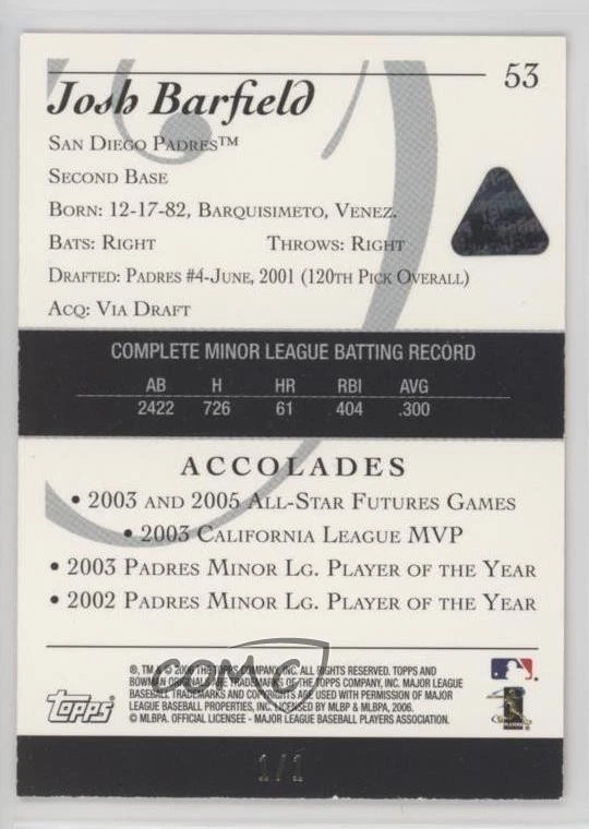 2006 Bowman Originals Red 1/1 Josh Barfield #53 nd3 - Image 2 of 3