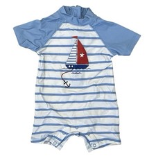 Little Me Baby Boy 6-9 M Swimsuit One Piece Rash Guard Sail Boat Blue Stripe