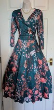  Pretty kitty stretch fabric floral Retro 50s pinup style full flare dress sz 14
