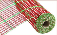 10 Inch X 30 Feet Christmas Metallic Check Mesh Ribbon Red Lime White 
