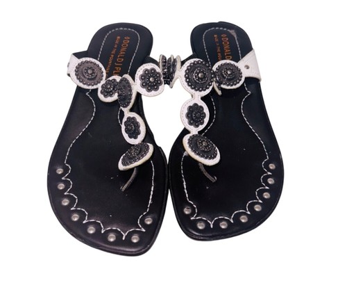 Donald J Pliner Womens Black White Beaded Leather Thong Wedge Sandals 6.5M Italy
