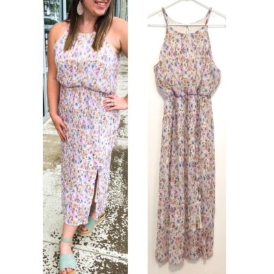NEW NWT LUSH Cream Ivory Pink Multi Floral Pleated Sleeveless Midi Dress Medium