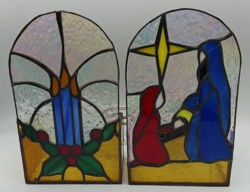 Vtg 90s Stained Glass Lights Mary Joseph Jesus Nativity Candles Holly Iridescent - Picture 7 of 24