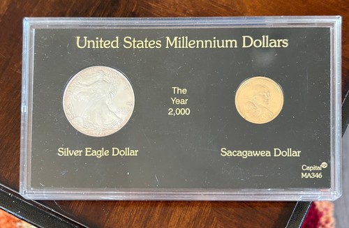 2000 U.S. MILLENNIUM TONED MS EAGLE AND PROOF SACAGAWEA DOLLAR SET IN HOLDER