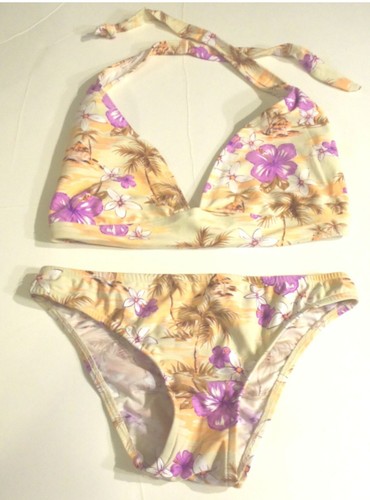 Fresh Peaches Ivory & Pink Hawaiian Floral Halter Bikini Size Small