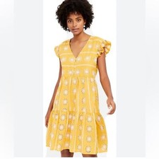 Loft Eyelet Mustard Embroidered Dress Oversized Button Medium Floral Fully Lined