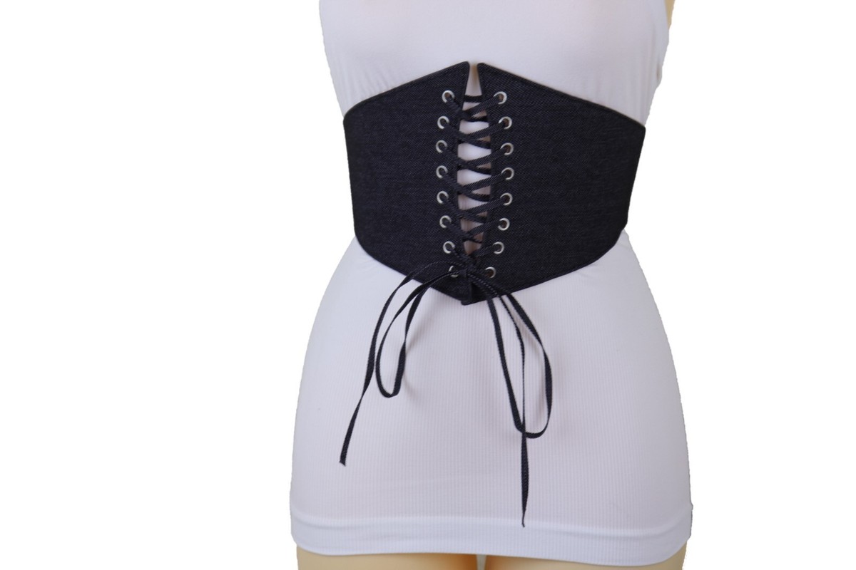Women Black Denim Wide Fabric Elastic High Waist Corset Belt 