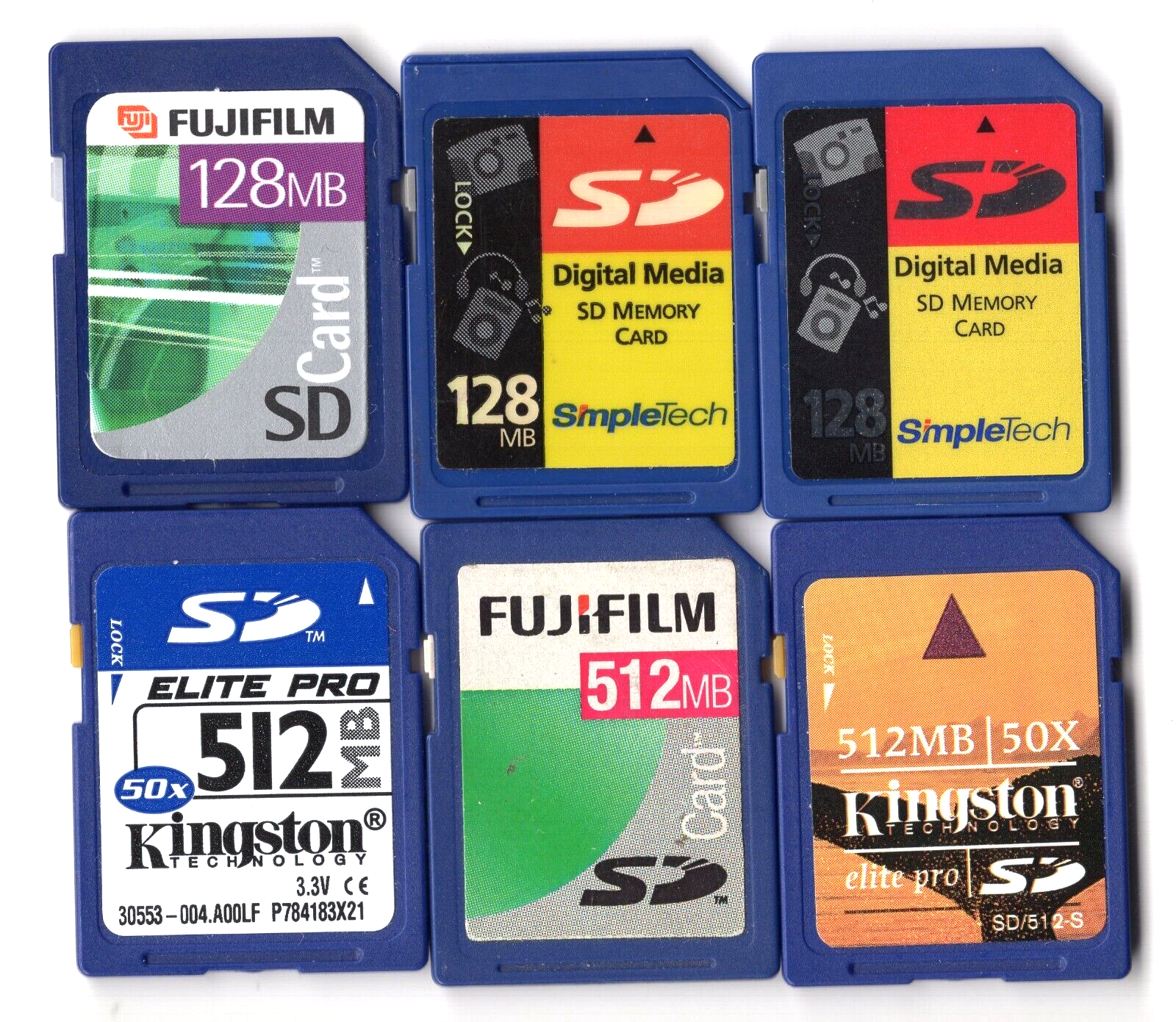 Lot Of 6x Kingston SimpleTech Fujifilm 128MB / 512MB SD Camera Memory Cards