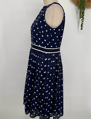 Talbots Women's Size 12P Fit And Flare Polka Dot Dress Sleeveless Navy White Cot - Picture 3 of 16