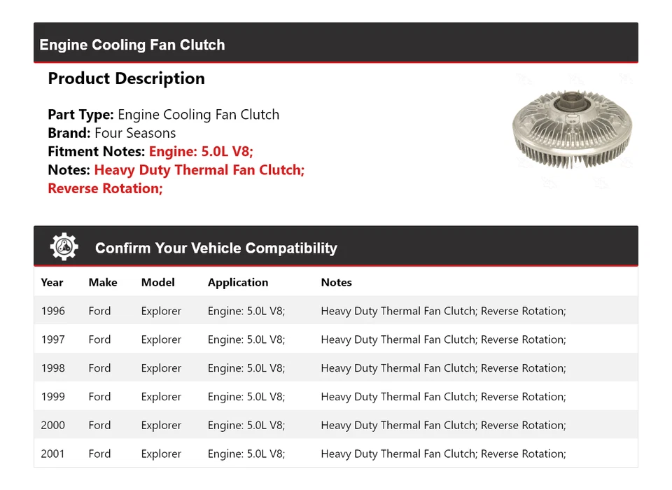 Embrague ventilador refrigeración motor V8 5,0 L 4 estaciones 1997 Ford Explorer 1996-2001 Foto 2 de 4