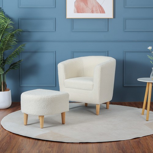 Sherpa Accent Chair With Ottoman Teddy Velvet Upholstered Barrel Armchair Sofa - Picture 8 of 16