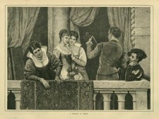 YOUNG LADIES WEARING FANCY DRESSES AND LISTENING TO MUSIC ON A BALCONY IN VENICE
