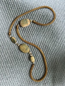 Egyptian Revival Necklace Faience Scarabs Gold Woven Chain 28” Very Unique LOOK