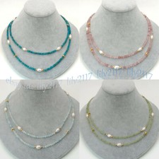 2 Rows Faceted Gemstone Natural White Rice Freshwater Pearl Necklaces 17-19''