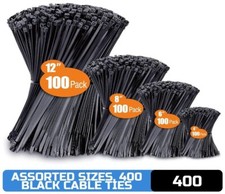 Zip Ties Assorted Sizes 4 6 8 12 , 400 Pack, Black Cable Ties, UV Resistant