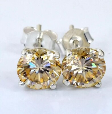 Certified 6.20 Ct Treated Champagne Diamond Solitaire Stud Earrings, 925 Silver