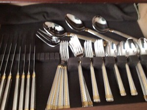 Mikasa Palatial Gold Flatware 5 piece place setting 8 sets & 4 Serving Pieces
