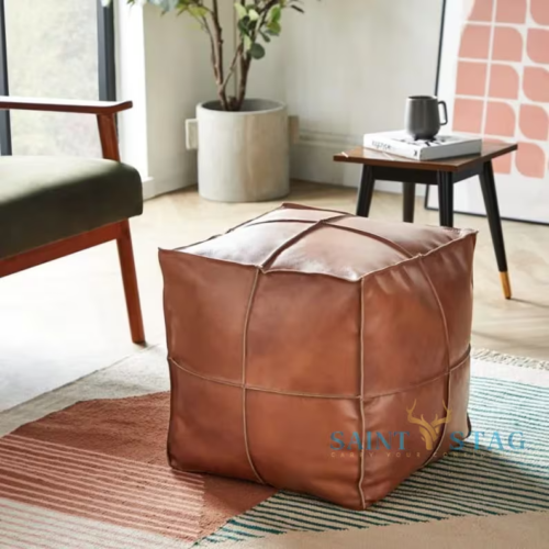 Cow Handmade Genuine Real Leather Boho Pouf Ottoman Footstool Pouffe 18 Inch - Picture 1 of 8