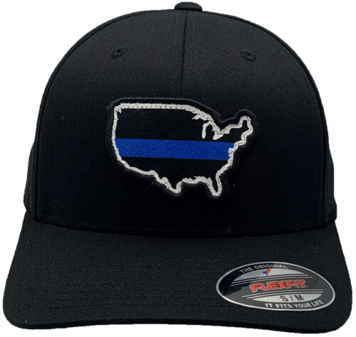 Blue Line U.S Map Patch Flex Fit Hat Black - Picture 2 of 3