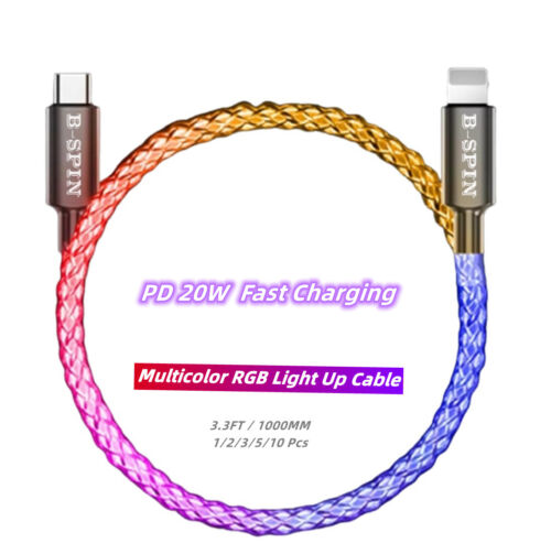 LED RGB Multi Light up USB Type C Fast Charging Cord Samsung Android iPhone 16 - Picture 16 of 27