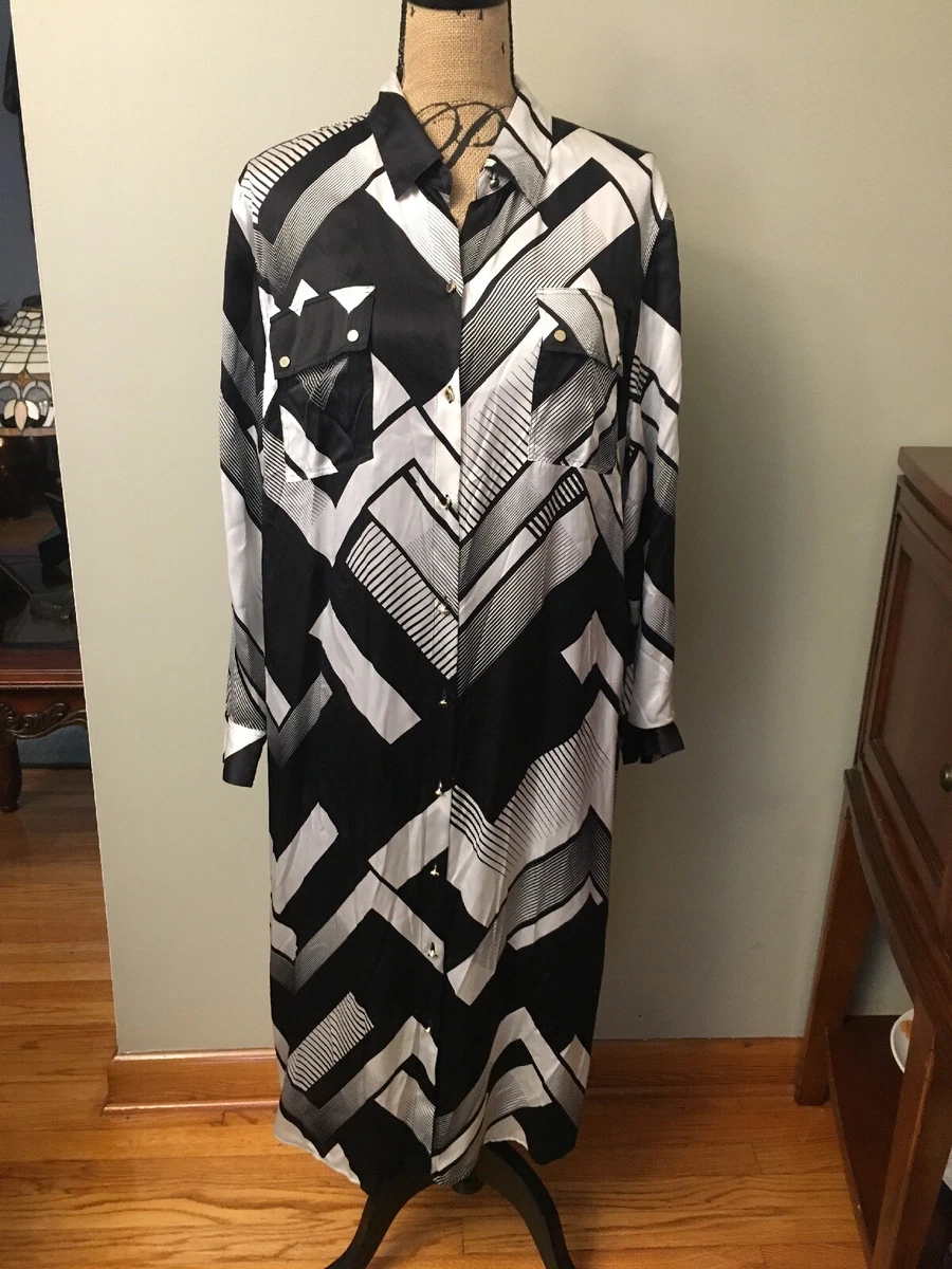 Chicos Black Label Silk Button Down Dress NWT Black White Chico s Size 3 189