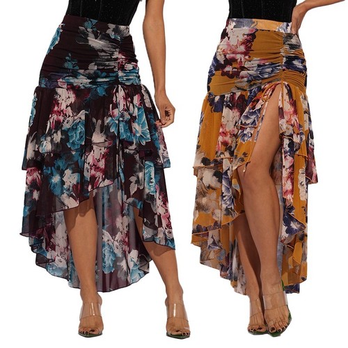 Floral Ruched Layered Ruffle Skirt – High Low Hem Boho Romantic Look