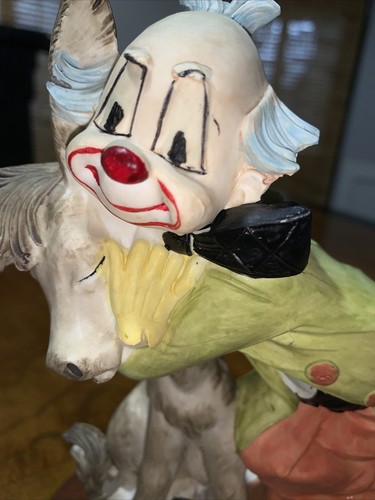 Large Vintage Clown Sculpture In Oak Base, Davar Clown Hugging Donkey 8" Tall - Picture 9 of 12