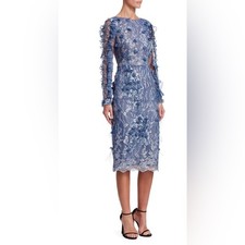 David Meister Blue Lace Feather Dress Size 8 Floral Applique