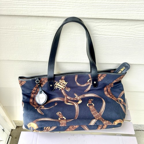 🔥Rare Ralph Lauren Canvas Zip Tote, Keaton 26 Equestrian Pattern, Black Straps - Picture 2 of 13