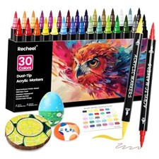 Acrylic Paint Markers, Dual Tip Fine and Brush Tips for Detailed Art, 30 Colors