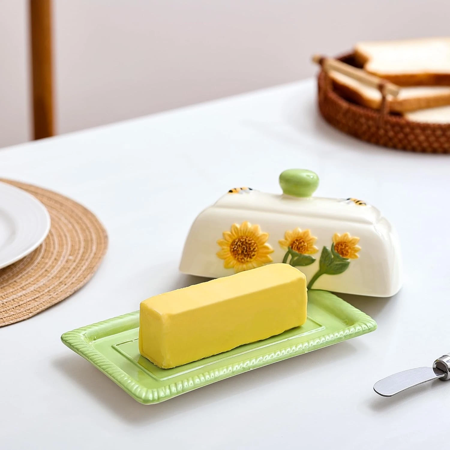 Ceramic Butter Dish Lid Countertop Decorative Sunflower Mushroom Design Unique