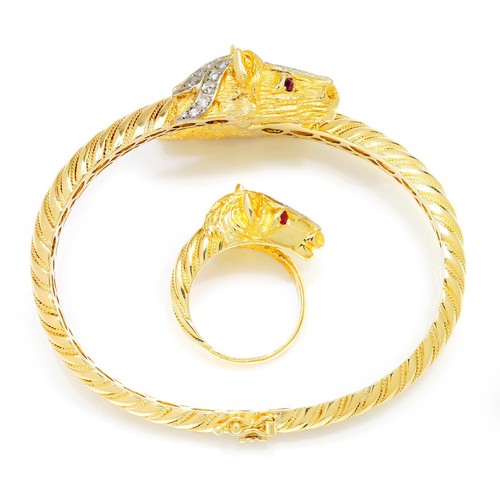 Vintage Diamond Horse Head Bangle & Ring Set with Rubies 18K Gold - Picture 5 of 7