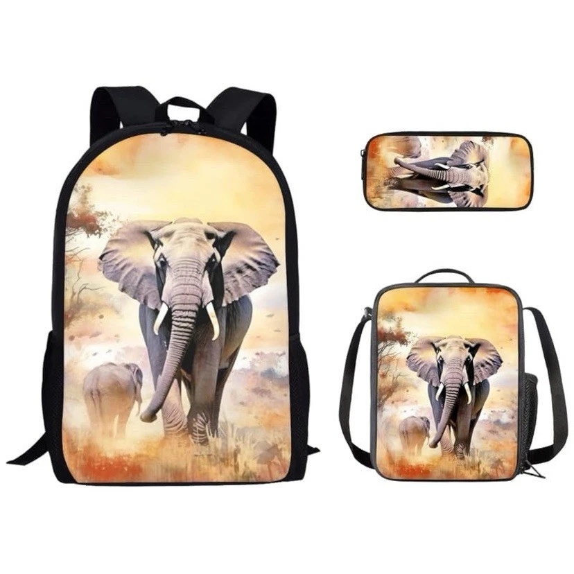 Grassland Elephant Backpack Set with Lunch Bag and Pencil Case for Kids