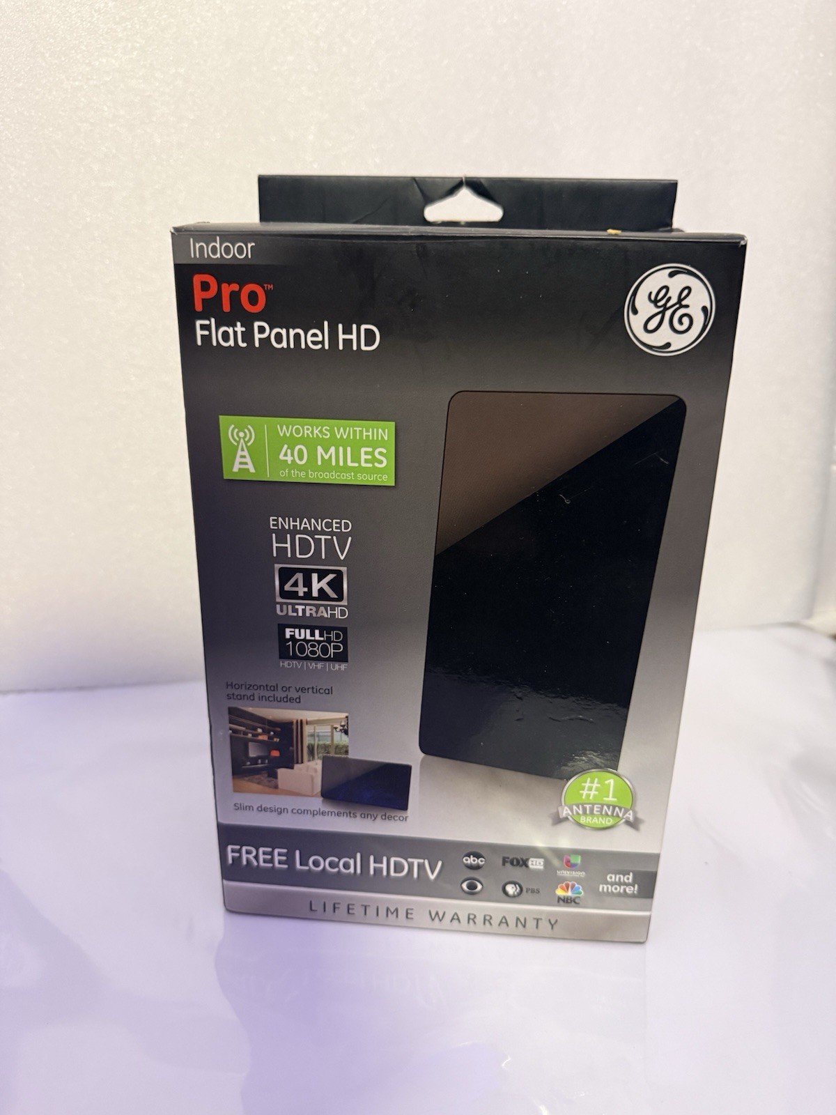 GE Pro Flat Panel HD TV Antenna, VHF/UHF, 40 Mile Range, 4K 