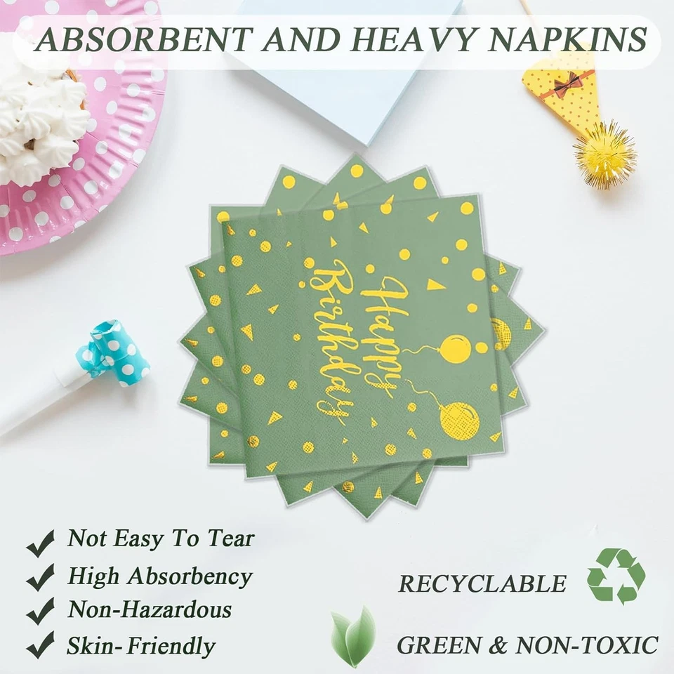 72 PIEZAS Platos Desechables, Servilletas, Tenedores para Fiesta de Cumpleaños Oro Verde Salvia Foto 4 de 4