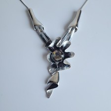 Modern Silver Tone Statement Necklace Faceted Pendant Sculptural Designer Style