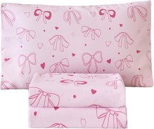 Pink Bow Kids Sheet Set Twin Size, 3 Pcs Girls Pink Bowknot Heart Dots Printed