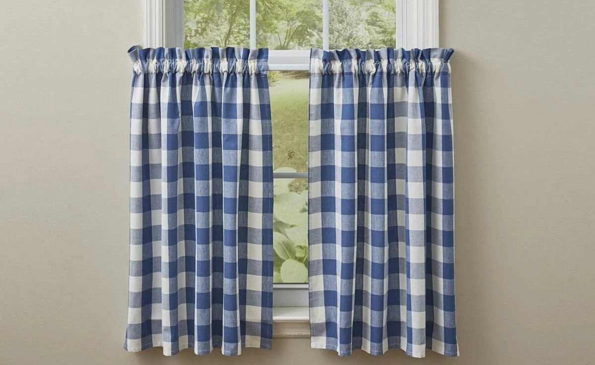 New French Country Cottage Farmhouse BLUE CHECK TIERS Cafe Curtain Panels 36"