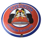 Vintage Chevron Gasoline Sign - Mickey Mouse Racing Auto Gas Porcelain Sign