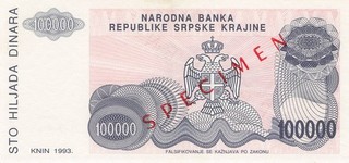 Yugoslavia 100000 Dinara 1993 Specimen UNC