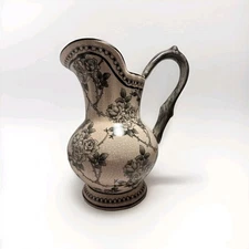 Antique Black & White Rose Transferware With Crazing 8.5" Water Pitcher