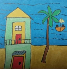 GAT Original Acrylic Painting Seascape Cottagecore Sailboat Minimalist Art 3x3