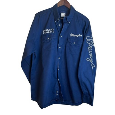 VTG Wrangler Shirt Mens XL Blue Embroidered Button Down Long Live Cowboys Rodeo