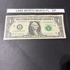 Lake worth Beach Florida ZIP Code dollar note. L 03346000 Q