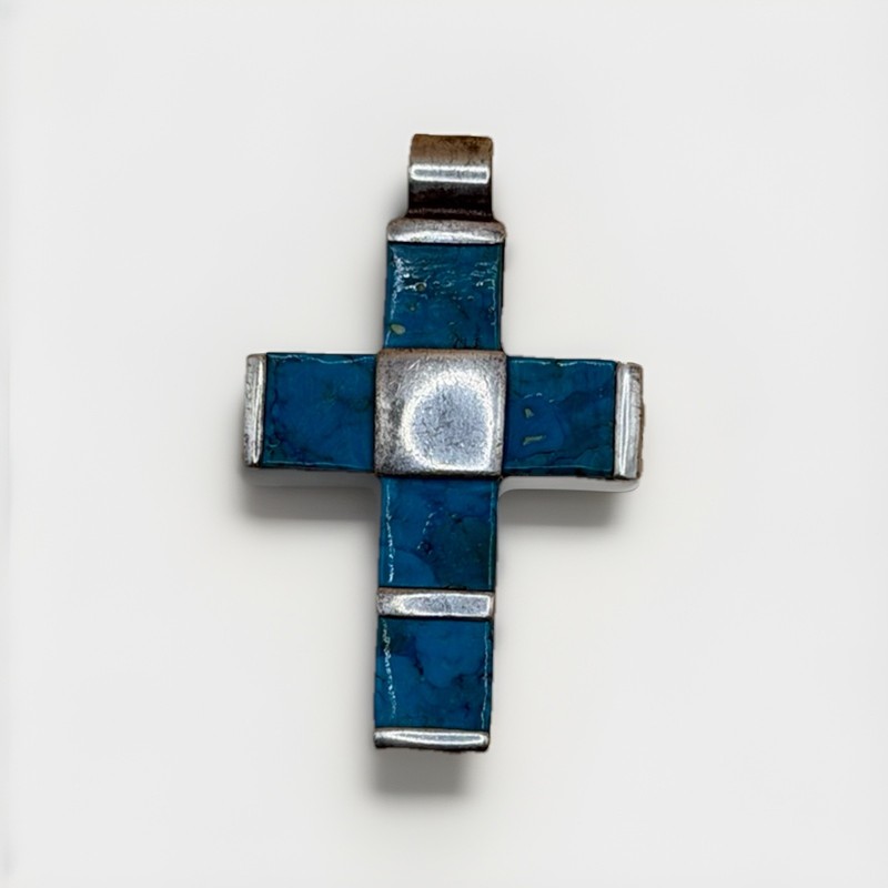 Turquoise And Sterling Silver Cross, Southwest Stamped 925 05 Pearl Estate