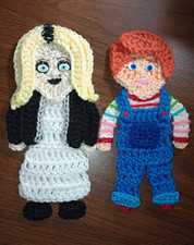 Handmade Crochet AppliqueSet Lot of 2 Blonde  Redhead boy w/ Blue Overalls
