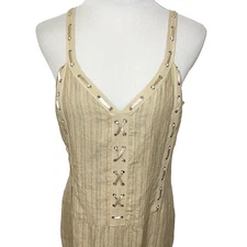 Irish Linen Dress 14 Cottagecore Woven Beige Satin Corset Details Lined Summer c