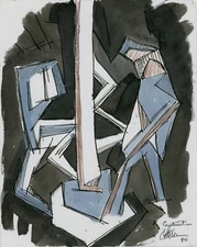 CONSTRUCTION WORKERs Original Cubist Abstract Expressionist WATERCOLOR PAINTING